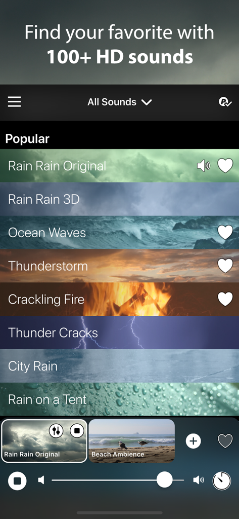 A list of high-definition sleep sounds in the Rain Rain app library including ocean waves and thunderstorms