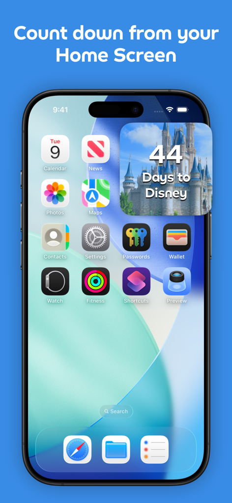 An iPhone home screen featuring a Days to Disney countdown widget with a castle background showing 44 days remaining