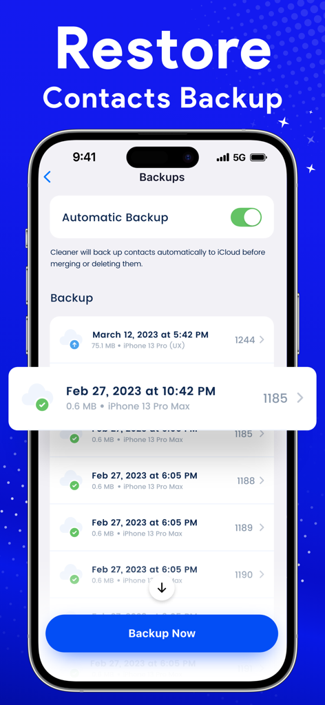 Cleaner: Free Up Storage Guru - Restore contacts backup screen on the storage cleaner app