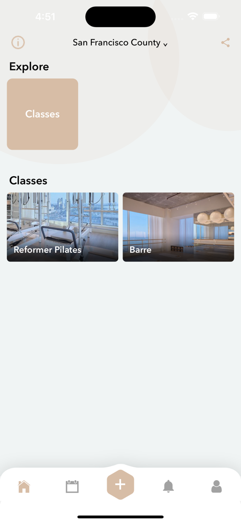 Baan - Baan mobile app explore screen showing reformer pilates and barre class options