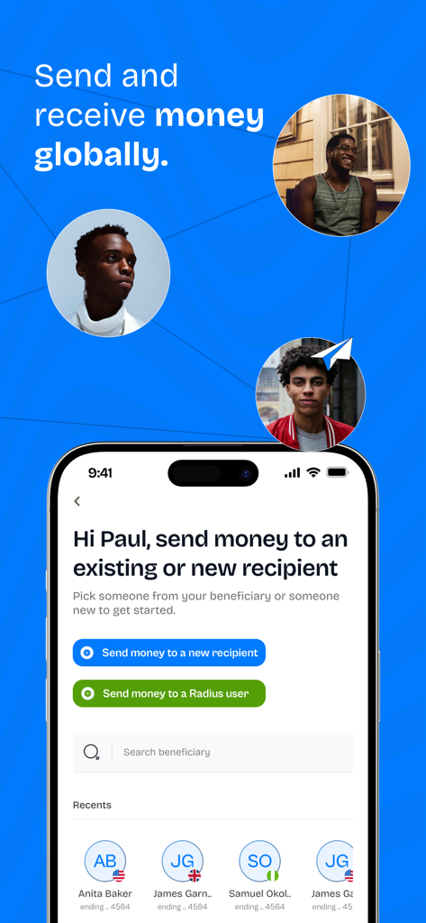 Radius (formerly Pay4Me App) - Radius mobile app screen for sending and receiving money globally with options to search beneficiaries and see recent recipients
