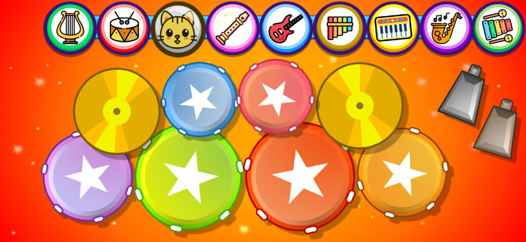 Piano Kids - Music & Songs NEW - A colorful virtual drum set interface for toddlers with bright drums and instrument selection icons