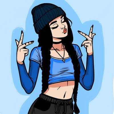 realistic teenage girl with braids and a beanie and crop top doing 🫶🏼