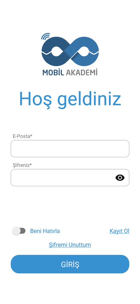 Mobil Akademi v3 - Login screen for the Mobil Akademi v3 corporate learning application featuring email and password entry fields