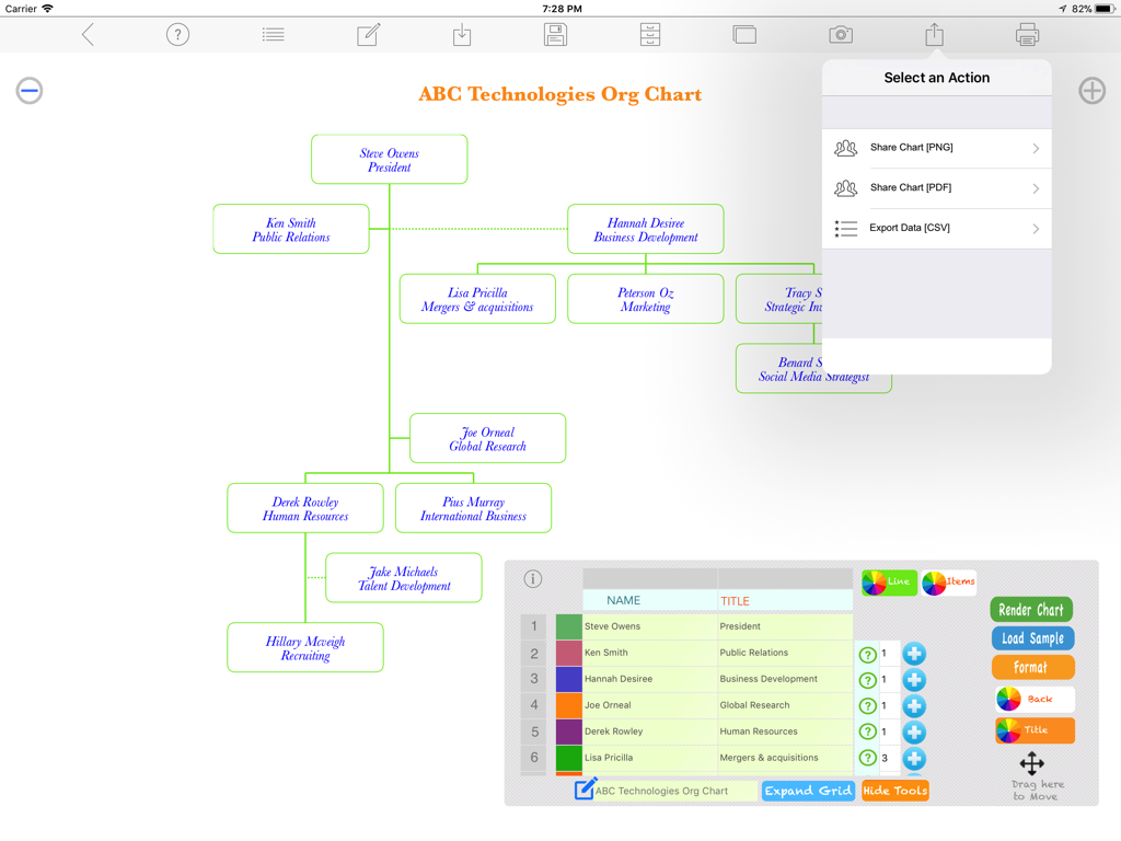 Org Chart Maker - Organizational chart visualization on iPad with a pop-up menu for sharing as PDF, PNG, or CSV.