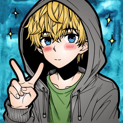 teenage manga boy in a hoodie, doing ✌