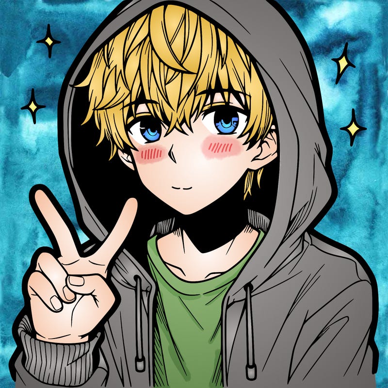 teenage manga boy in a hoodie, doing ✌