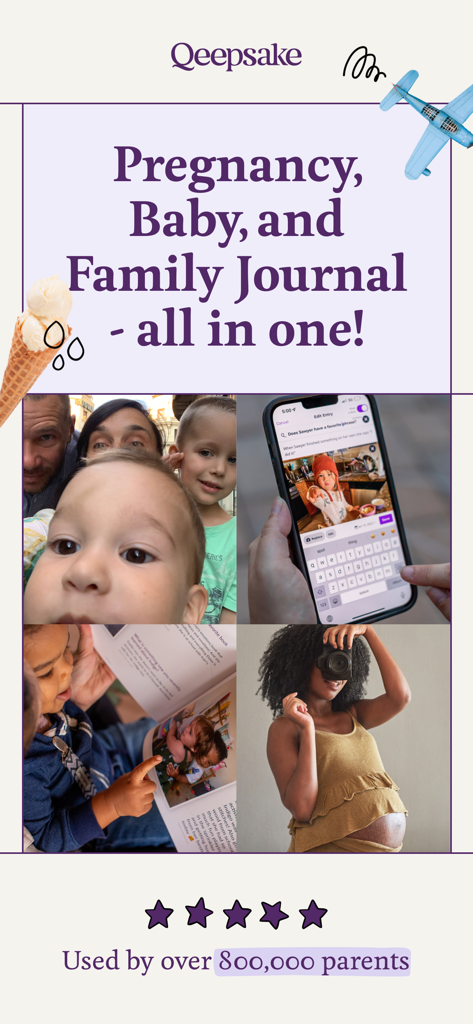 Qeepsake: Journal & Milestones - Qeepsake app interface for pregnancy baby and family journaling showing photo entries and printed books