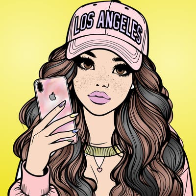 realistic beautiful girl wearing los ángeles cap holding an iphone