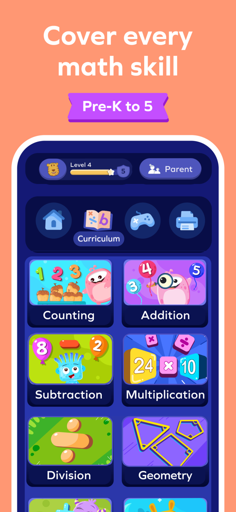 Splash Math app interface displaying various math skills modules like addition and subtraction for grades Pre-K to 5