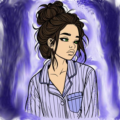 realistic woman with pajamas on and a messy bun