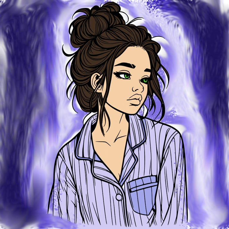 realistic woman with pajamas on and a messy bun