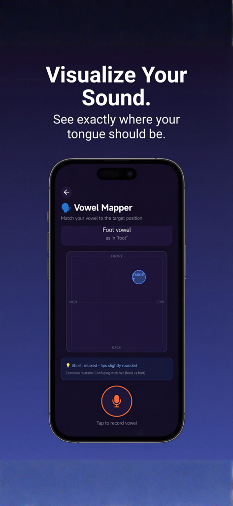 Screenshot of the Vowel Mapper feature in the Roast My Accent app showing visual tongue position feedback for English pronunciation.