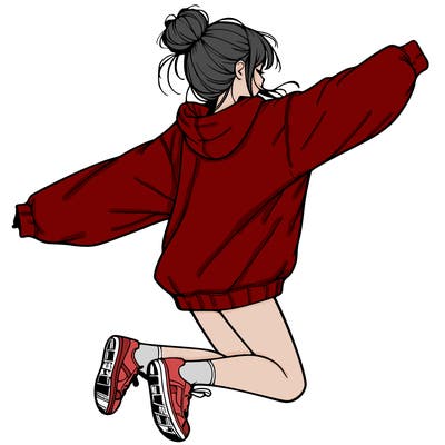 realistic girl jumping with a bun and oversized sweatshirt