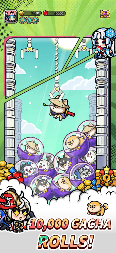 Prince GO - Prince GOのゲーム画面。様々なペット報酬と「10000ロール」というテキストが表示されたクレーンゲームのガチャメカニズムを示しています。