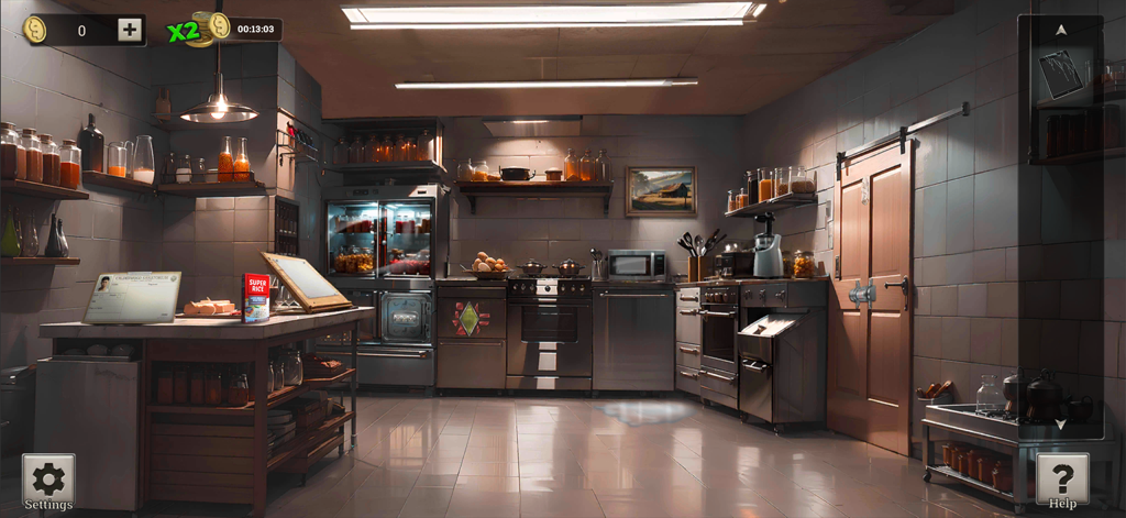 정신병원 탈출 게임에서 퍼즐과 숨겨진 물건이 있는 상세한 정신병원 주방 장면.