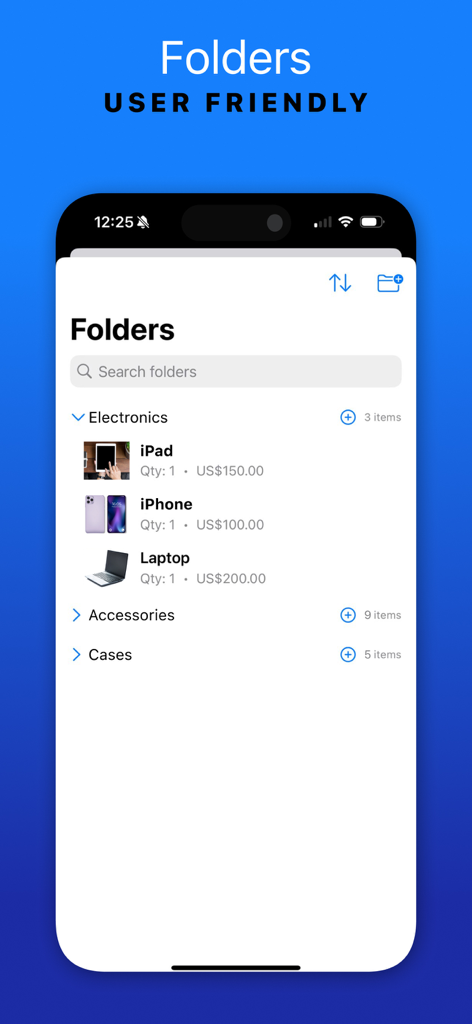 Easy Inventory Tracker app screen showing organized folders for electronics and stock items