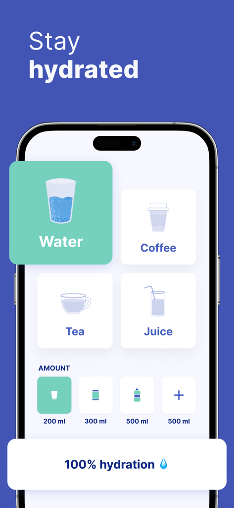 Omo app interface for tracking daily water intake and hydration goals on a smartphone