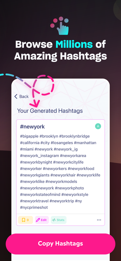 Hashtag Expert: AI Captions - Interface de l'application Hashtag Expert affichant une liste de hashtags générés pour la croissance sur les réseaux sociaux