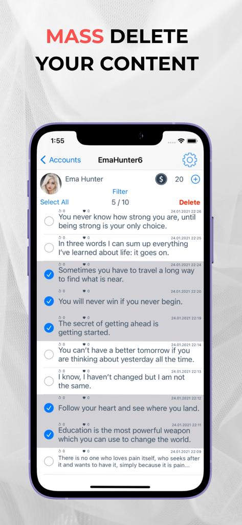 Tweet Cleaning - Delete Tweets - Mobile app interface showing a list of selected tweets for bulk deletion