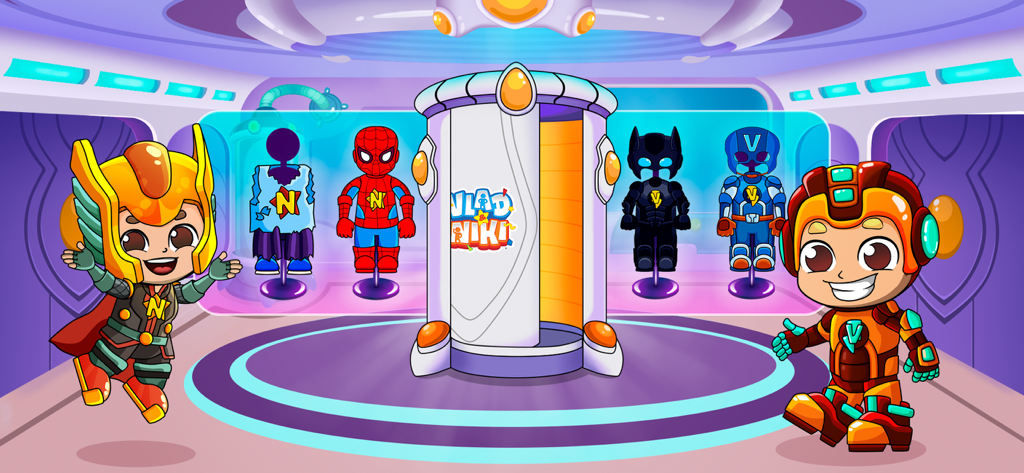 Vlad and Niki characters in their superhero costume selection room with various outfits on display