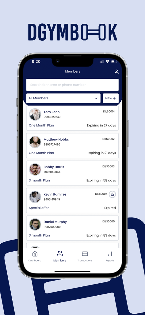 DGymBook Partner - DGymBook Partner mobile App zeigt eine Liste von Studio-Mitgliedern mit ihren Abonnement-Tarifen und Ablaufdaten