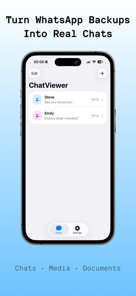 ChatViewer - Main screen of the ChatViewer app displaying a list of imported WhatsApp chat backups for users named Steve and Emily.