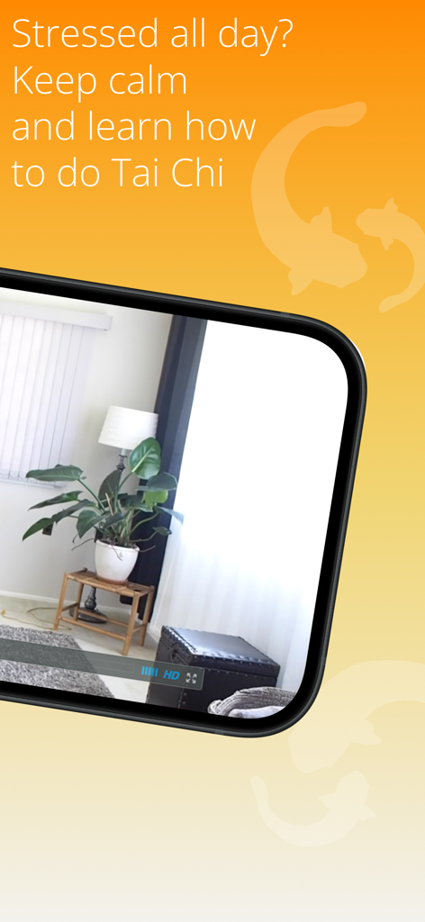 Teléfono inteligente mostrando una lección de video de Tai Chi con texto que promueve el alivio del estrés para personas mayores