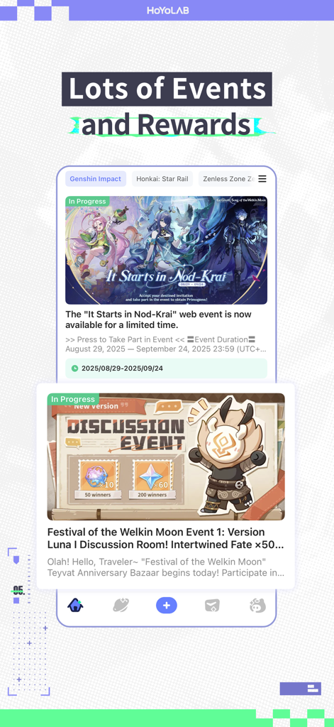 HoYoLAB - HoYoLAB app interface showing in-game events and rewards for Genshin Impact and Honkai Star Rail