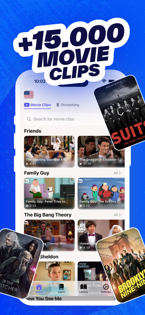 Interface of the Wordy app showing a collection of movie and TV show clips from Friends Suits and Family Guy for language learning