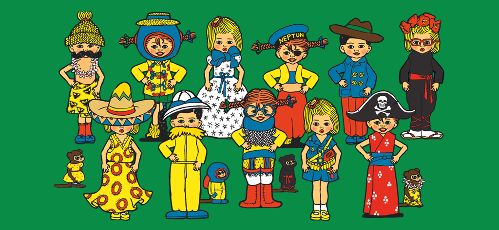 Pippi Meialonga e seus amigos Tommy e Annika usando vários figurinos e chapéus malucos