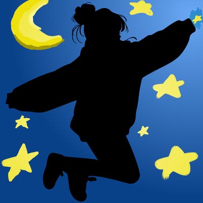 realistic girl jumping with a bun and oversized sweatshirt