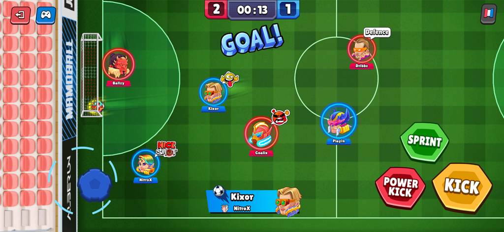 MamoBall - Soccer Game - Top-down view of a real-time 4v4 soccer match in MamoBall showing a goal scored on a green field.