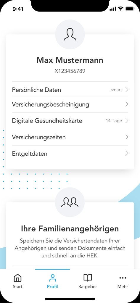 User profile dashboard of the HEK Service-App showing insurance options and family member management
