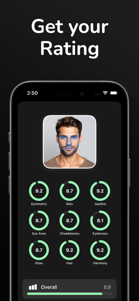 Facemetrics AI - Face Analysis - Facemetrics AIアプリのインターフェース。対称性、顎のライン、肌の質に関する詳細な顔分析スコアを表示しています。