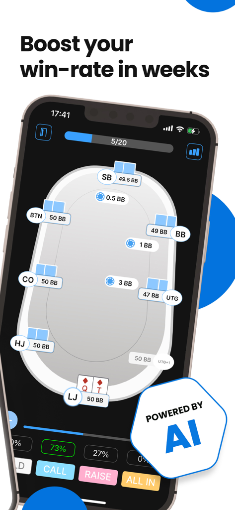 GTO Preflop Wizard Poker AI - Interface of a poker training app showing a virtual table with GTO strategy recommendations and AI power badge.