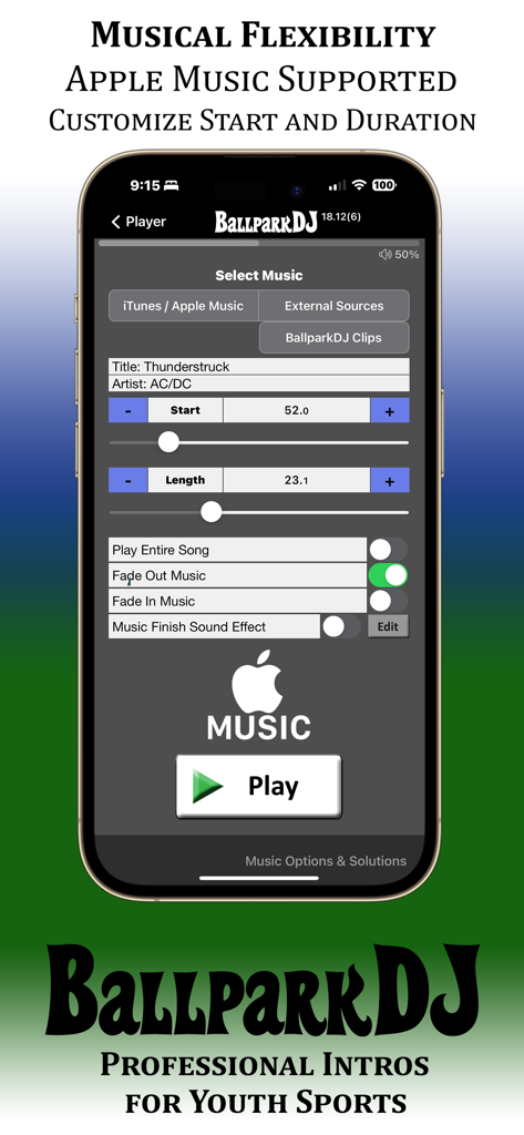 BallparkDJ app interface for selecting and customizing walkout music with Apple Music support
