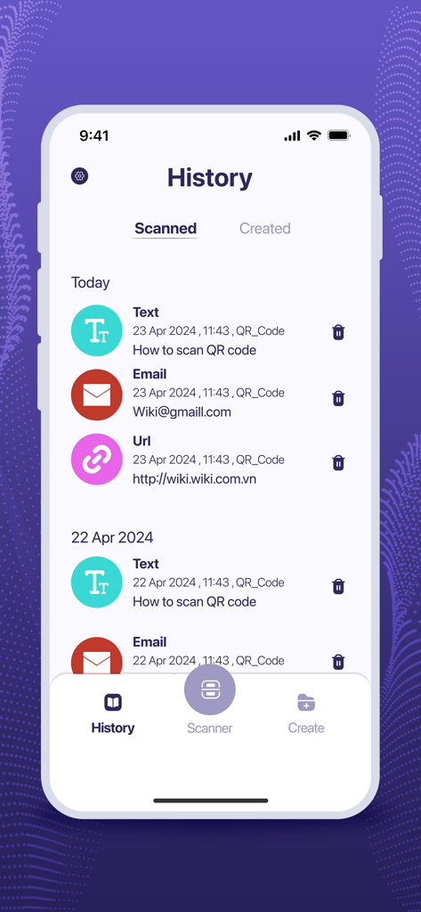 A list of previously scanned QR codes and barcodes displayed in the app history log.