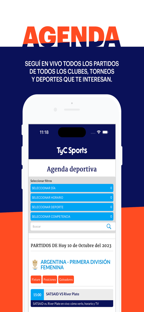 TyC Sports - TyC Sports app interface showing the sports agenda with live match filters and fixtures for Argentine soccer
