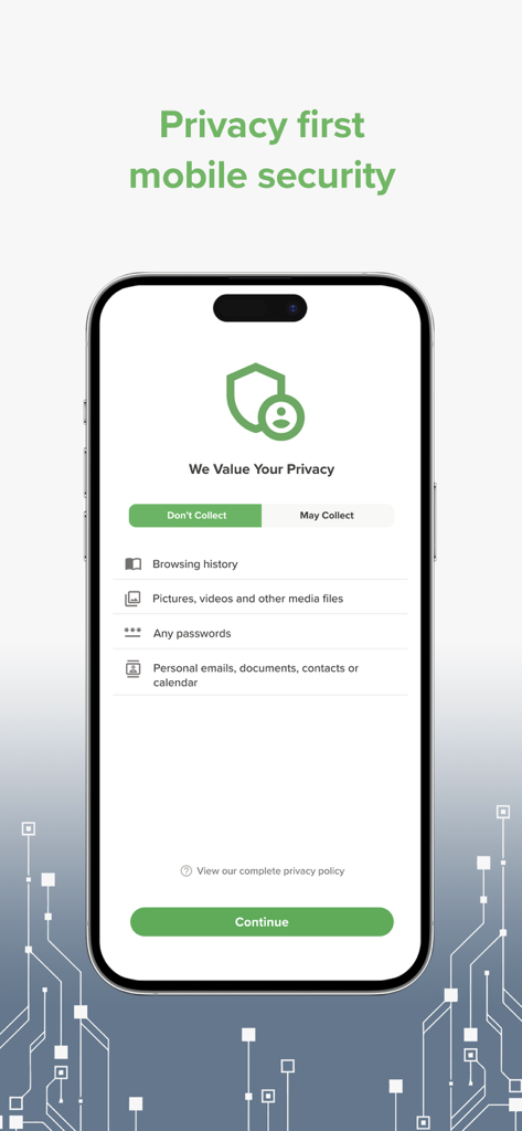 Zimperium MTD - Interfaz de la aplicación Zimperium MTD que muestra la política de privacidad primero y una lista de datos personales que no se recopilan