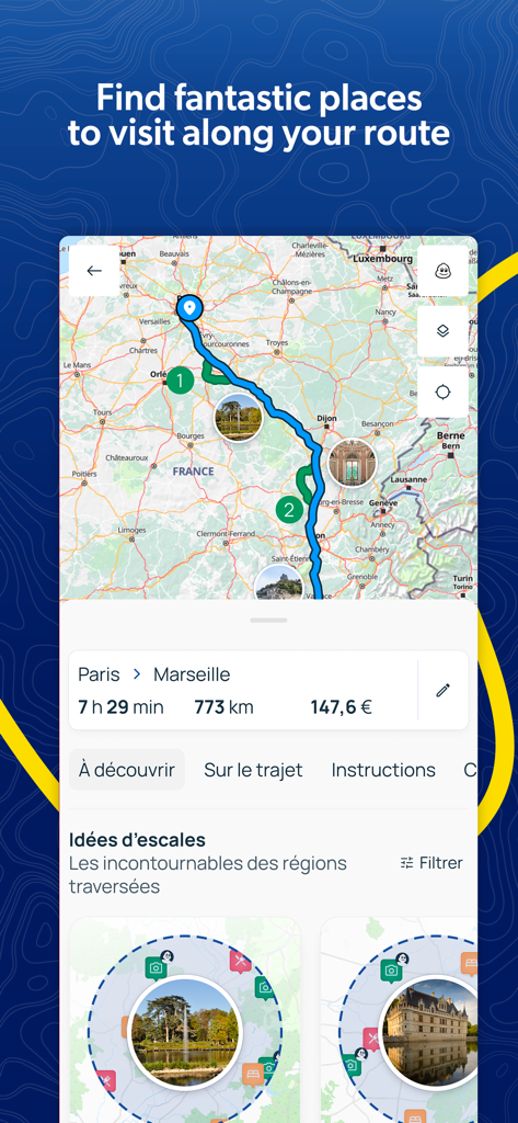 ViaMichelin app displaying a route from Paris to Marseille with sightseeing suggestions and estimated trip cost