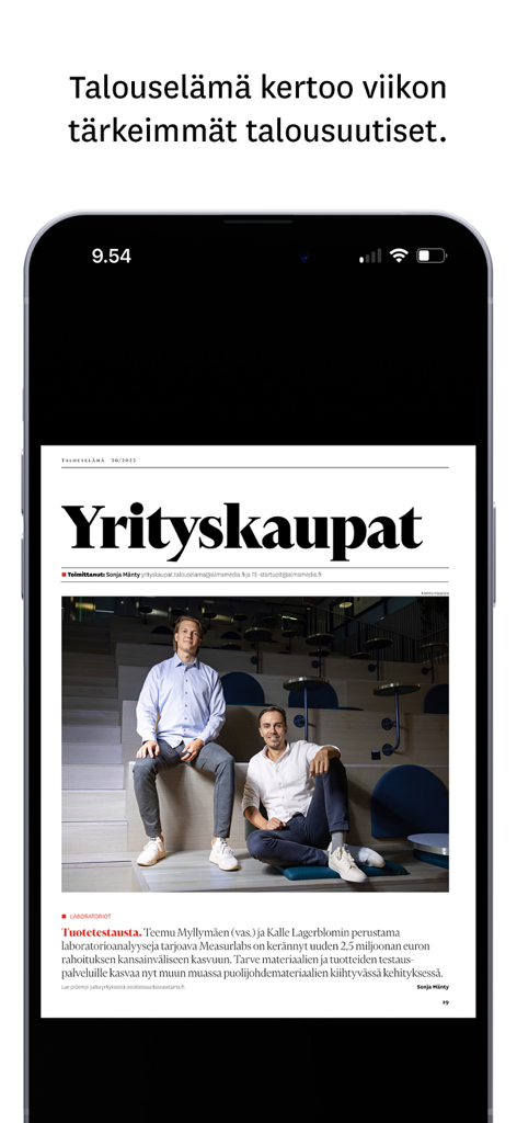 Talouselämä - A screenshot of the Talouselama app showing a business news article about company acquisitions
