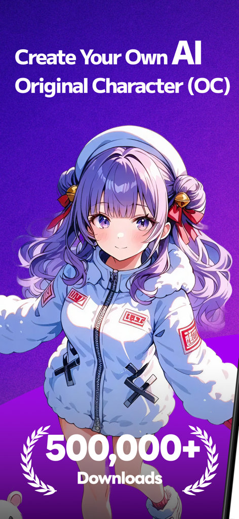 Days AI - AI Art & OC Creator - An anime girl with purple hair and a white jacket featured on the Days AI app screen with text about creating original characters