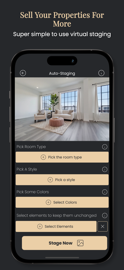 Interface of the Stager AI app showing auto-staging options for a living room