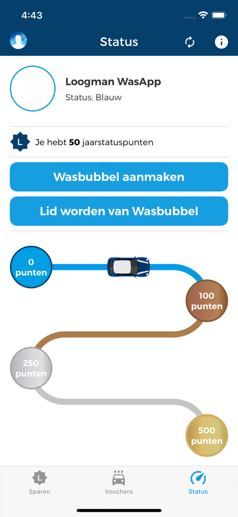 Loogman WasApp status screen showing loyalty points progress map and reward tiers