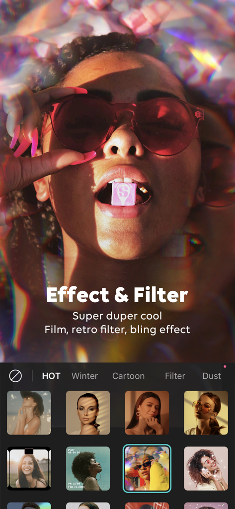 B612写真編集アプリを使用し、ピンクのサングラスとレトロフィルムエフェクトをかけた女性