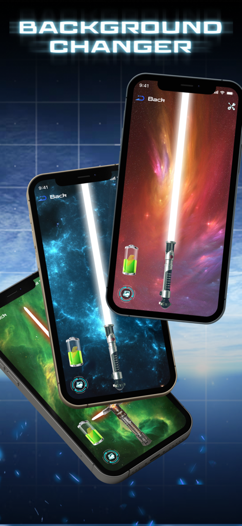 Three mobile phones displaying the lightsaber simulator with various colored galactic backgrounds including red blue and green nebulae