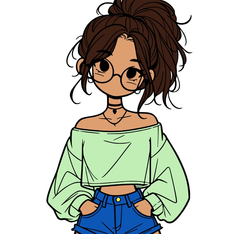 girl with a messy ponytail glasses a baggy crop top and jean shorts