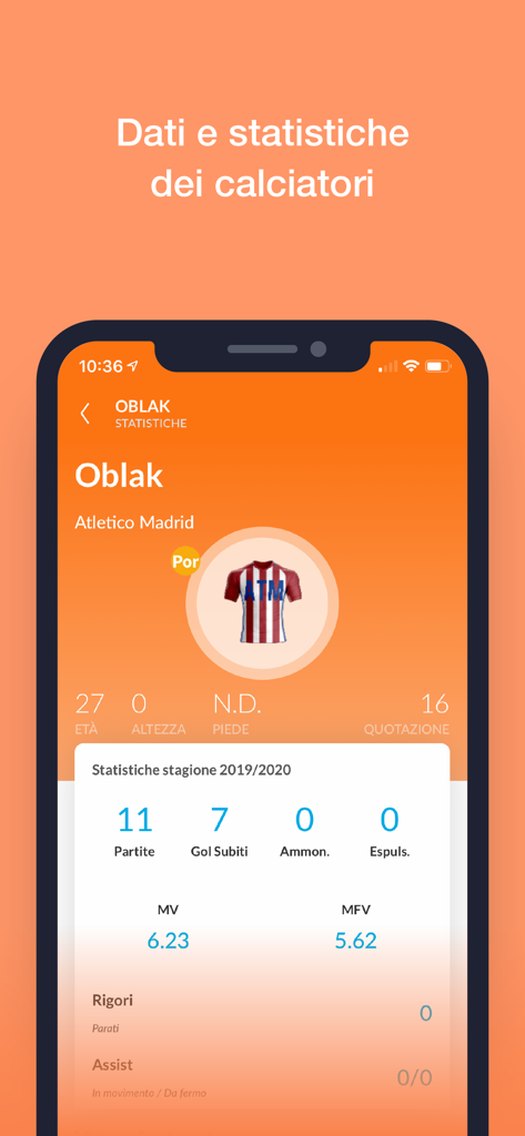 EuroLeghe Fantacalcio app interface showing soccer player statistics for Jan Oblak of Atletico Madrid