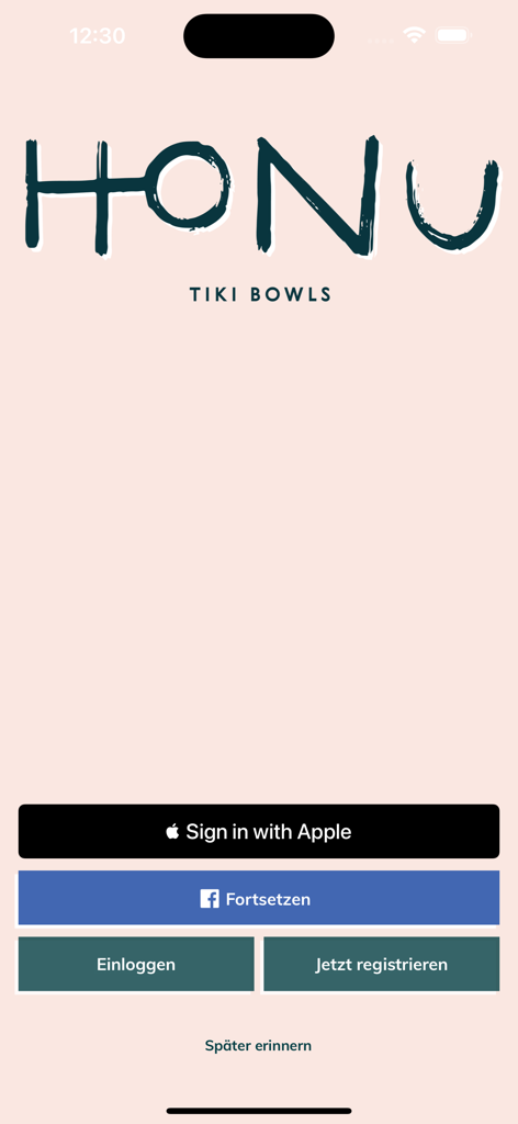 HONU Tiki Bowls - Login screen of the HONU Tiki Bowls mobile app showing sign in and registration options